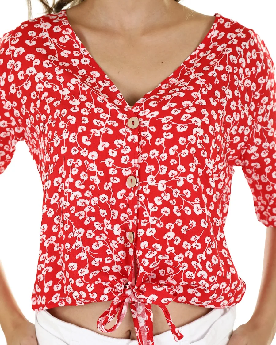 Blusa floral roja con lazo para mujer de Tisess