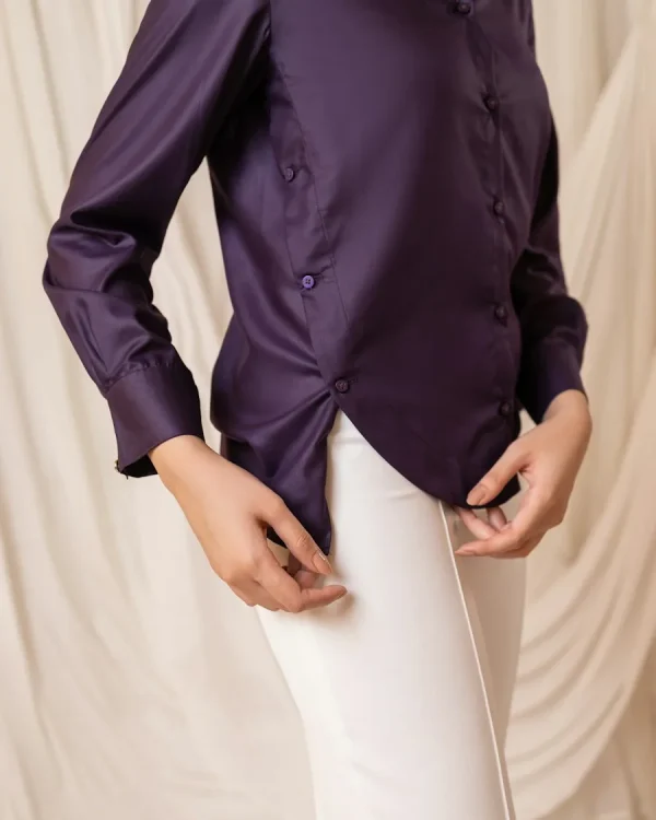 Blusa satinada lila de manga larga para mujer Tisess