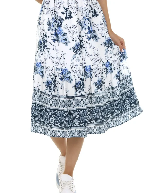 Falda midi floral azul y blanca para mujer Tisess