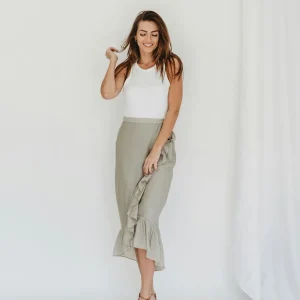 Falda midi satinada color salvia para mujer Tisess